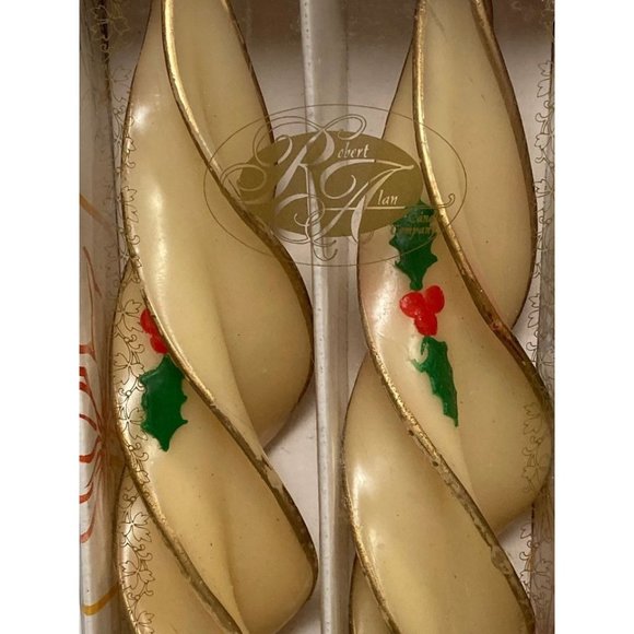 Robert Alan Candle Co Swirl Feather Taper Set Holly Christmas 12" Ivory w/ Gold - Picture 2 of 3